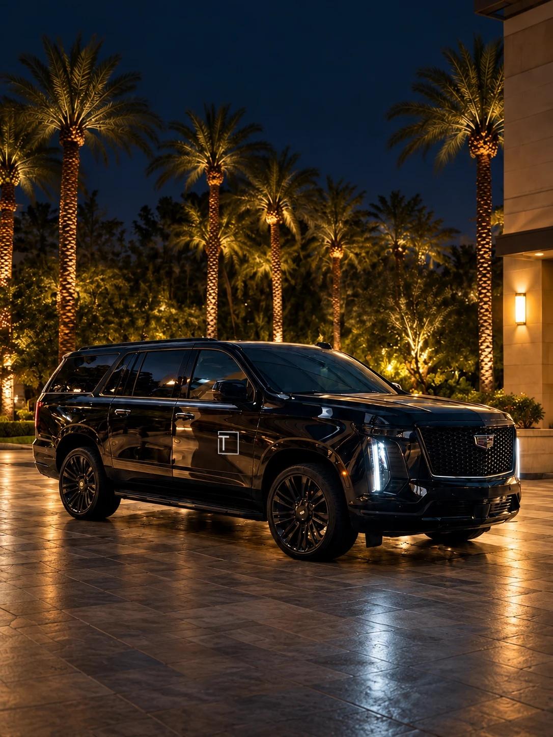 Black Tower Limousines Cadillac Escalade at a Las Vegas resort entrance at night